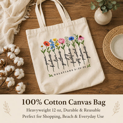 Christian Tote Bag Fruit Of The Spirit Galatians 5 22-23 Floral Bible Verse Canvas Shoulder Bag For Women Faith Inspired Church Aesthetic Floral Gift Ideal Mom | teecentury