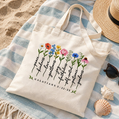 Christian Tote Bag Fruit Of The Spirit Galatians 5 22-23 Floral Bible Verse Canvas Shoulder Bag For Women Faith Inspired Church Aesthetic Floral Gift Ideal Mom | teecentury