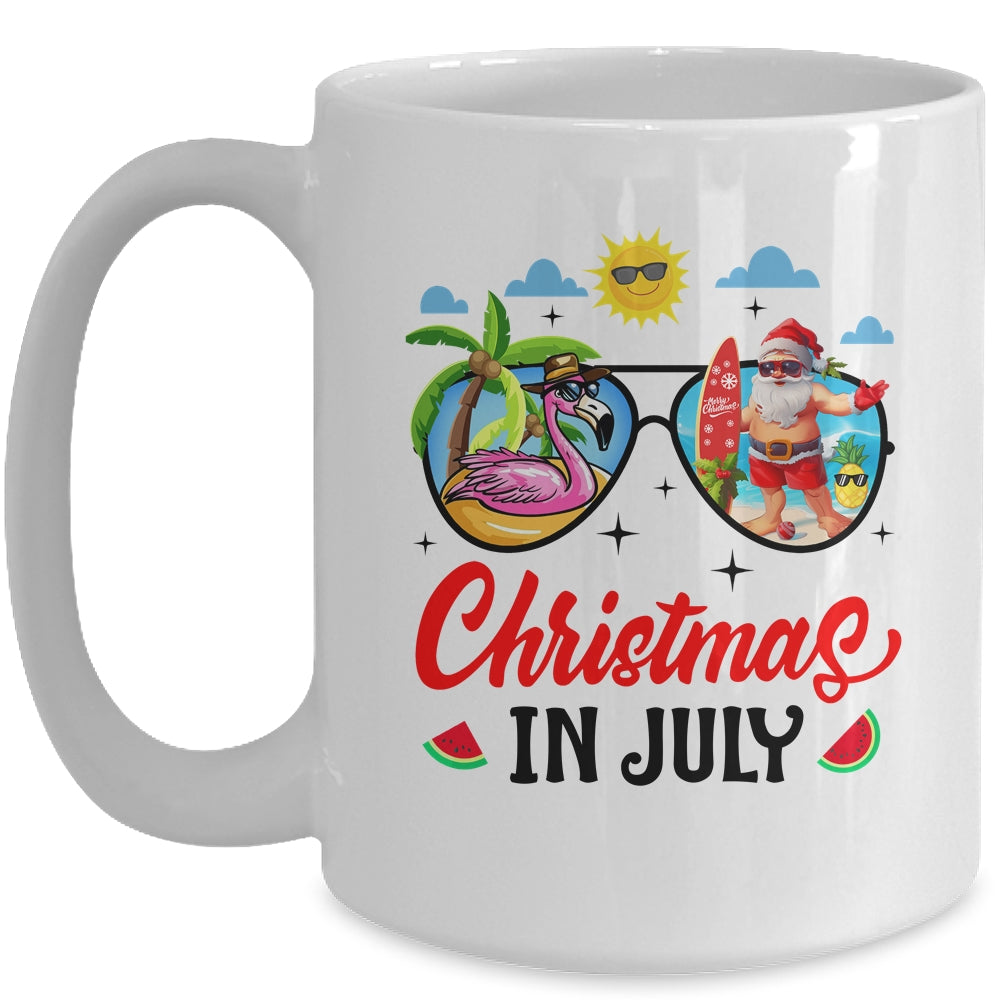 Christmas In July Summer Vacation Sunglasses Santa Flamingo Mug | teecentury