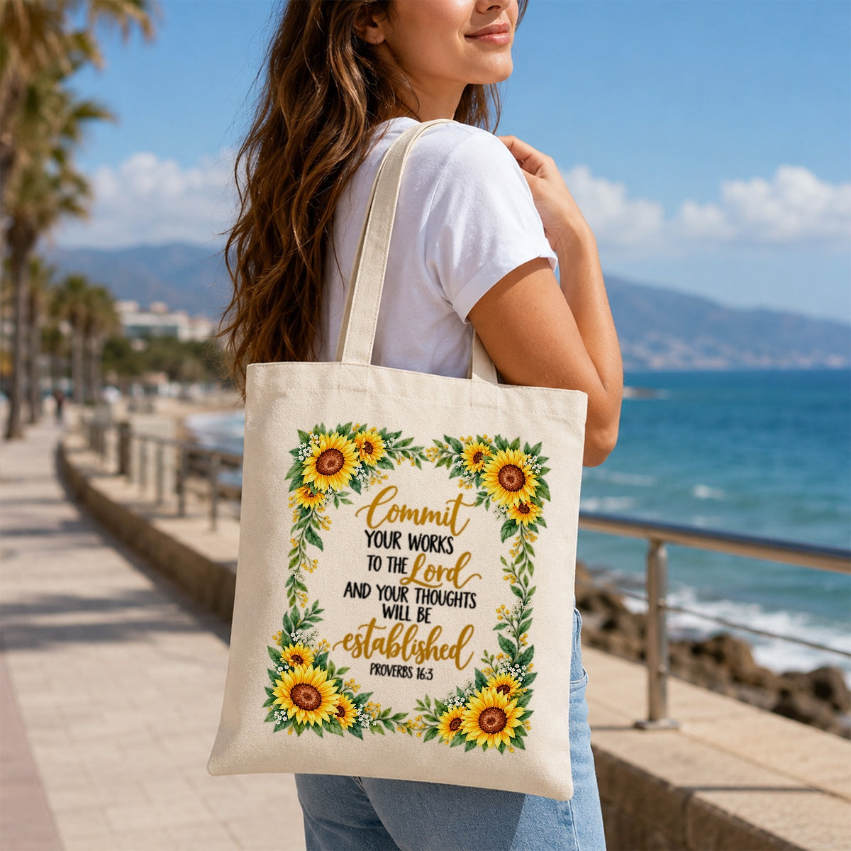 Commit Your Works To The Lord Proverbs 16 3 Sunflower Christian Canvas Tote Bag Inspirational Bible Verse Faith Gift For Women Church Shopping Book Everyday Use | teecentury