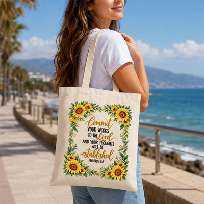 Commit Your Works To The Lord Proverbs 16 3 Sunflower Christian Canvas Tote Bag Inspirational Bible Verse Faith Gift For Women Church Shopping Book Everyday Use | teecentury
