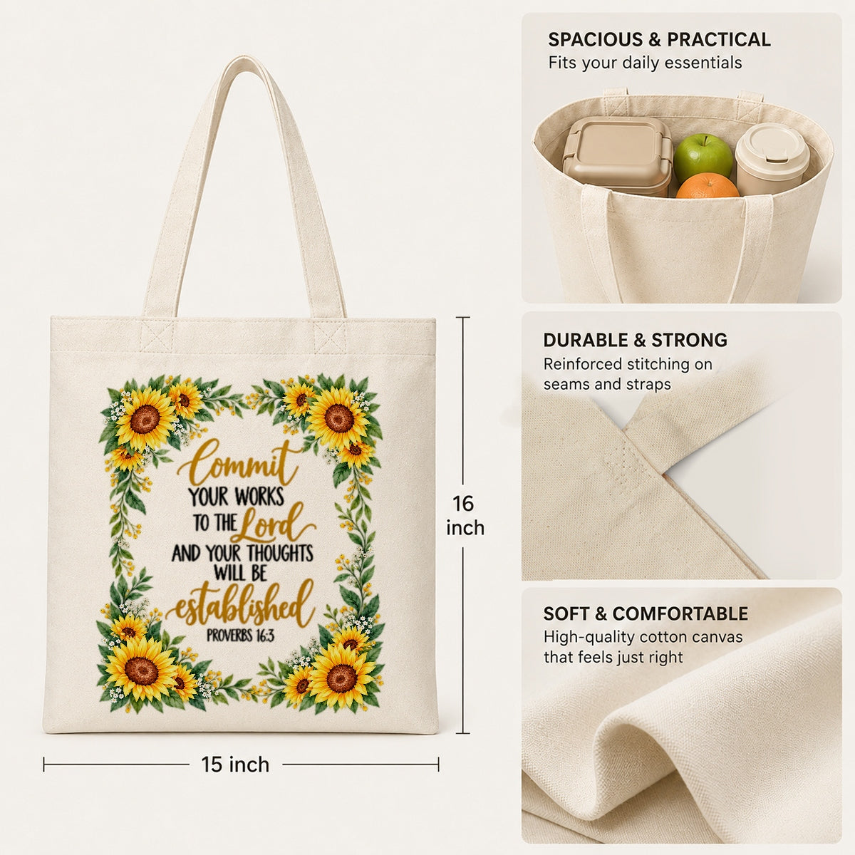 Commit Your Works To The Lord Proverbs 16 3 Sunflower Christian Canvas Tote Bag Inspirational Bible Verse Faith Gift For Women Church Shopping Book Everyday Use | teecentury