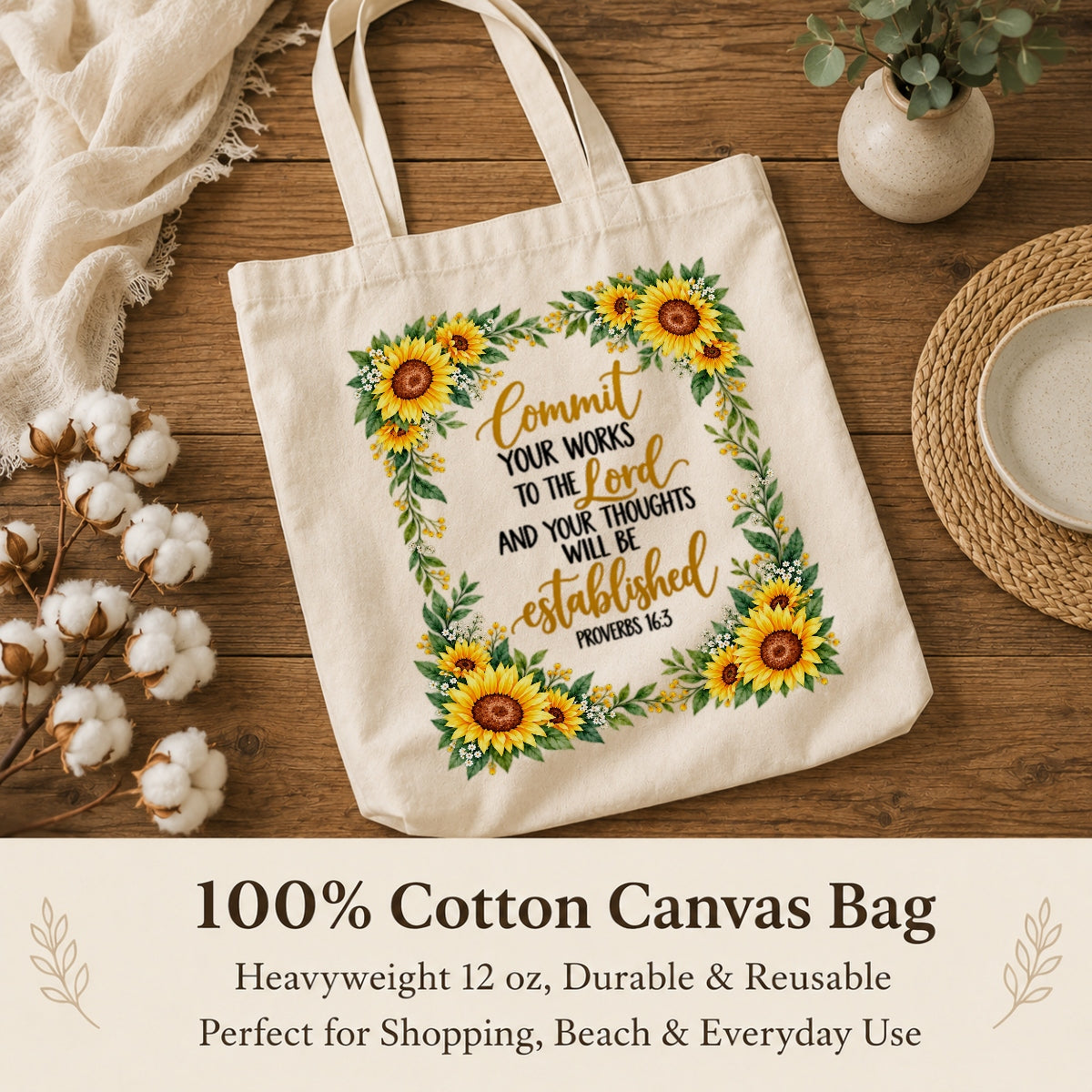 Commit Your Works To The Lord Proverbs 16 3 Sunflower Christian Canvas Tote Bag Inspirational Bible Verse Faith Gift For Women Church Shopping Book Everyday Use | teecentury