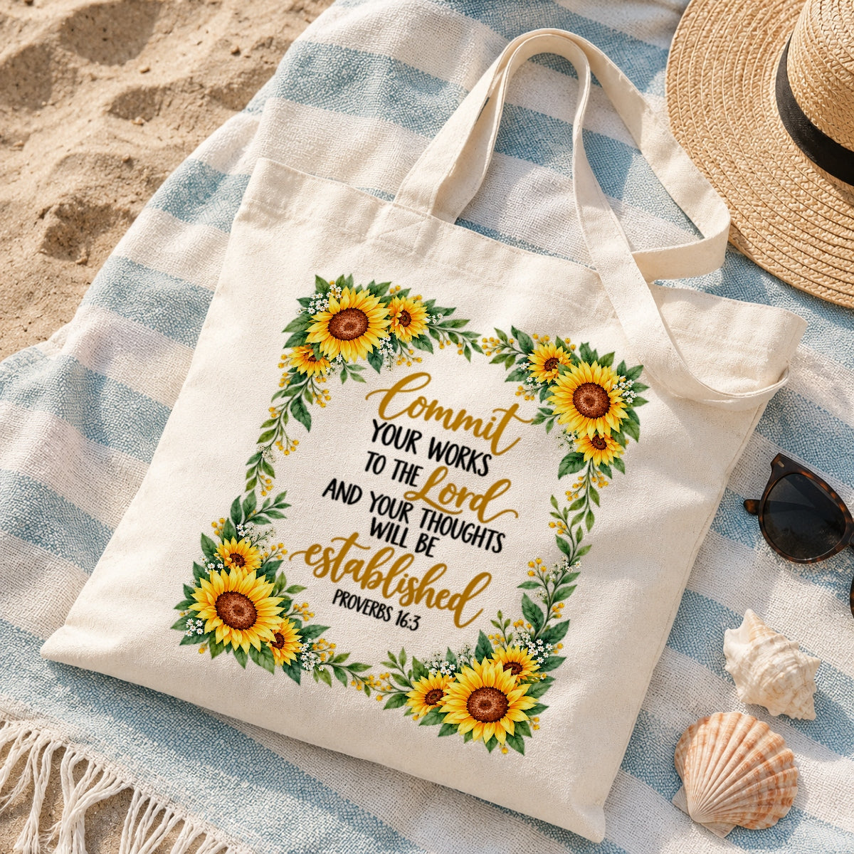 Commit Your Works To The Lord Proverbs 16 3 Sunflower Christian Canvas Tote Bag Inspirational Bible Verse Faith Gift For Women Church Shopping Book Everyday Use | teecentury