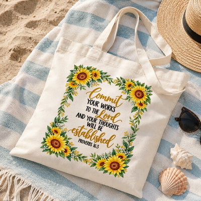 Commit Your Works To The Lord Proverbs 16 3 Sunflower Christian Canvas Tote Bag Inspirational Bible Verse Faith Gift For Women Church Shopping Book Everyday Use | teecentury