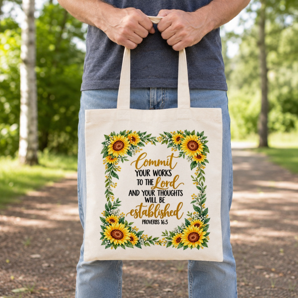 Commit Your Works To The Lord Proverbs 16 3 Sunflower Christian Canvas Tote Bag Inspirational Bible Verse Faith Gift For Women Church Shopping Book Everyday Use | teecentury