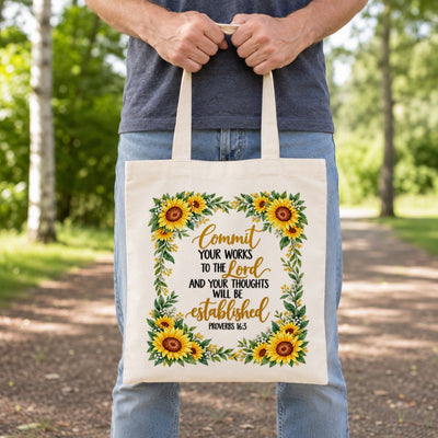 Commit Your Works To The Lord Proverbs 16 3 Sunflower Christian Canvas Tote Bag Inspirational Bible Verse Faith Gift For Women Church Shopping Book Everyday Use | teecentury