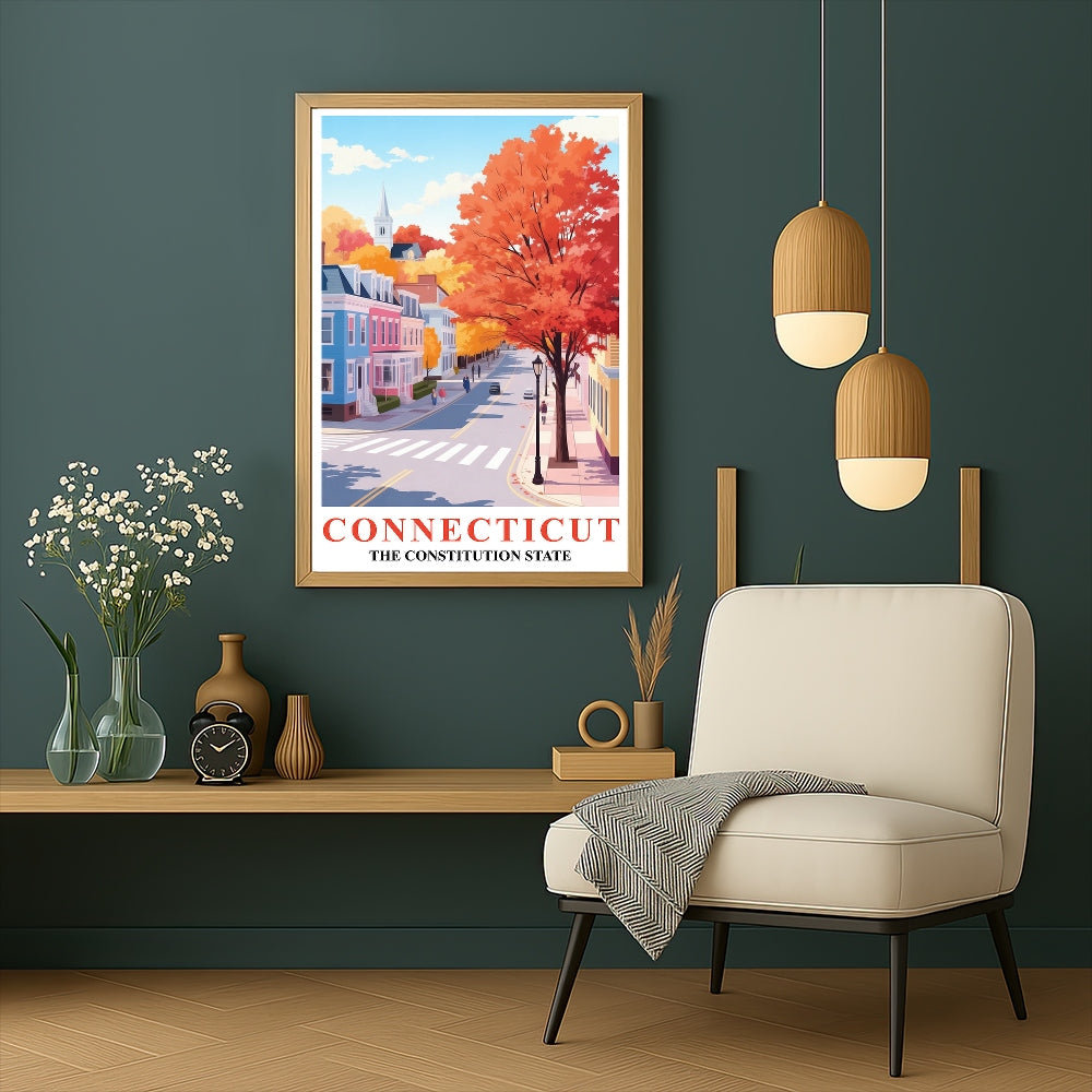 Connecticut Art Print Poster Autumn Street View Constitution State Travel Souvenir Wall Art Landscape Painting Ideal For Home Living Room Office Bedroom Decor Unframed | teecentury
