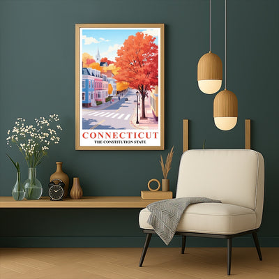 Connecticut Art Print Poster Autumn Street View Constitution State Travel Souvenir Wall Art Landscape Painting Ideal For Home Living Room Office Bedroom Decor Unframed | teecentury