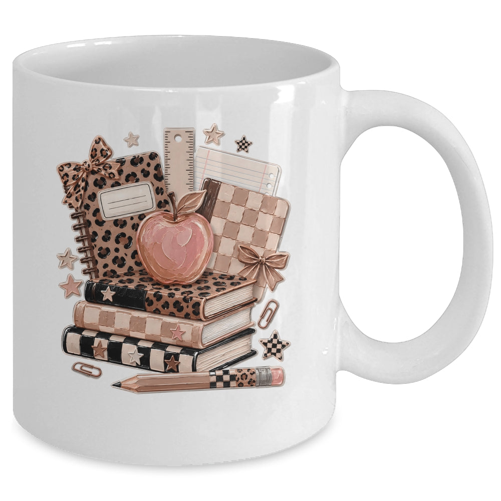Coquette Bow Back To School Teacher Retro Checkered Leopard Mug | teecentury