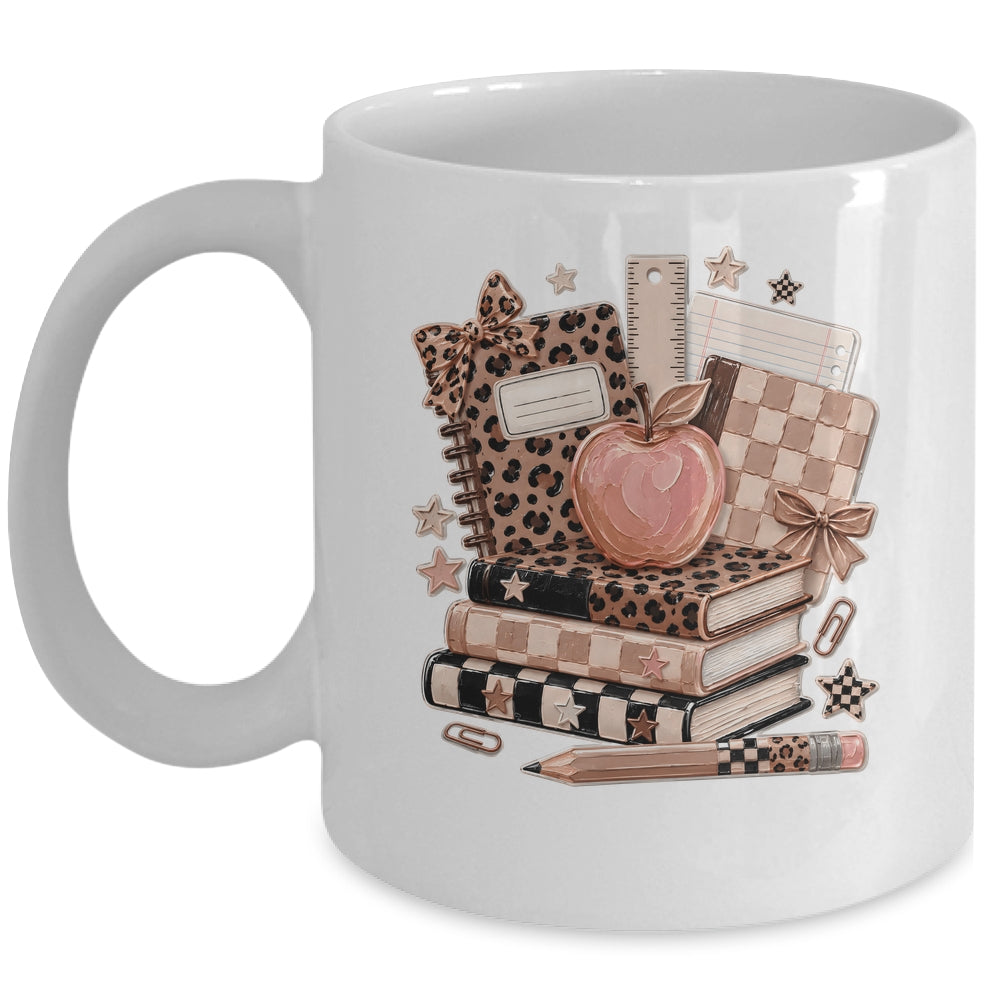 Coquette Bow Back To School Teacher Retro Checkered Leopard Mug | teecentury