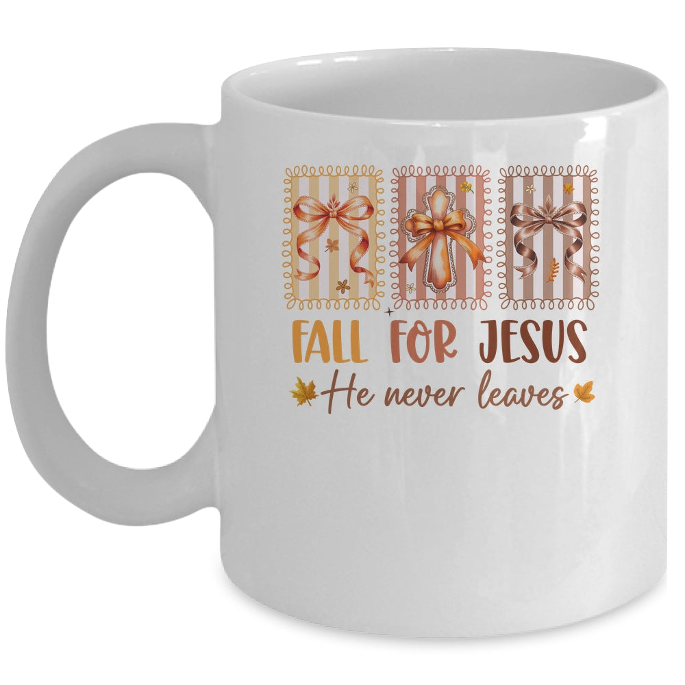 Coquette Bow Cross Fall For Jesus He Never Leaves Christian Mug | teecentury