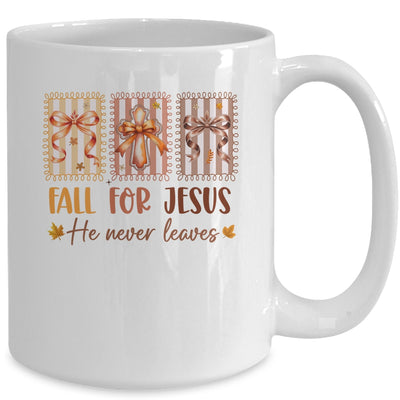 Coquette Bow Cross Fall For Jesus He Never Leaves Christian Mug | teecentury