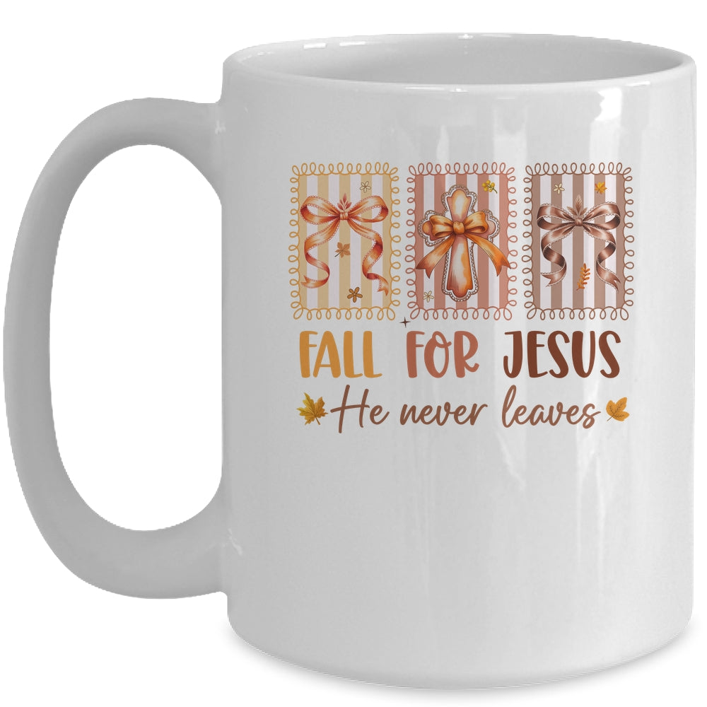 Coquette Bow Cross Fall For Jesus He Never Leaves Christian Mug | teecentury