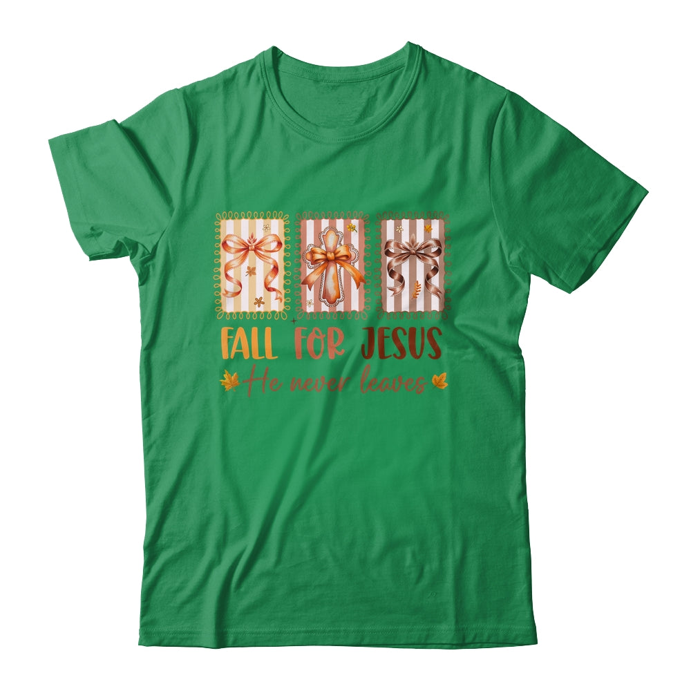 Coquette Bow Cross Fall For Jesus He Never Leaves Christian Shirt & Sweatshirt | teecentury