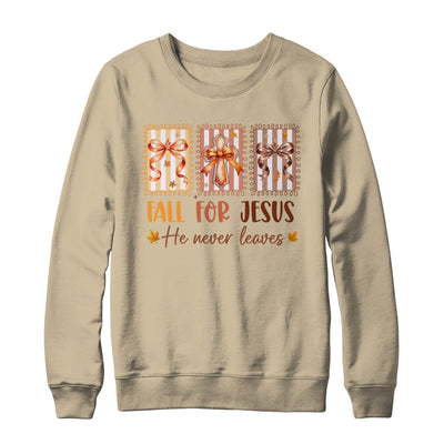 Coquette Bow Cross Fall For Jesus He Never Leaves Christian Shirt & Sweatshirt | teecentury