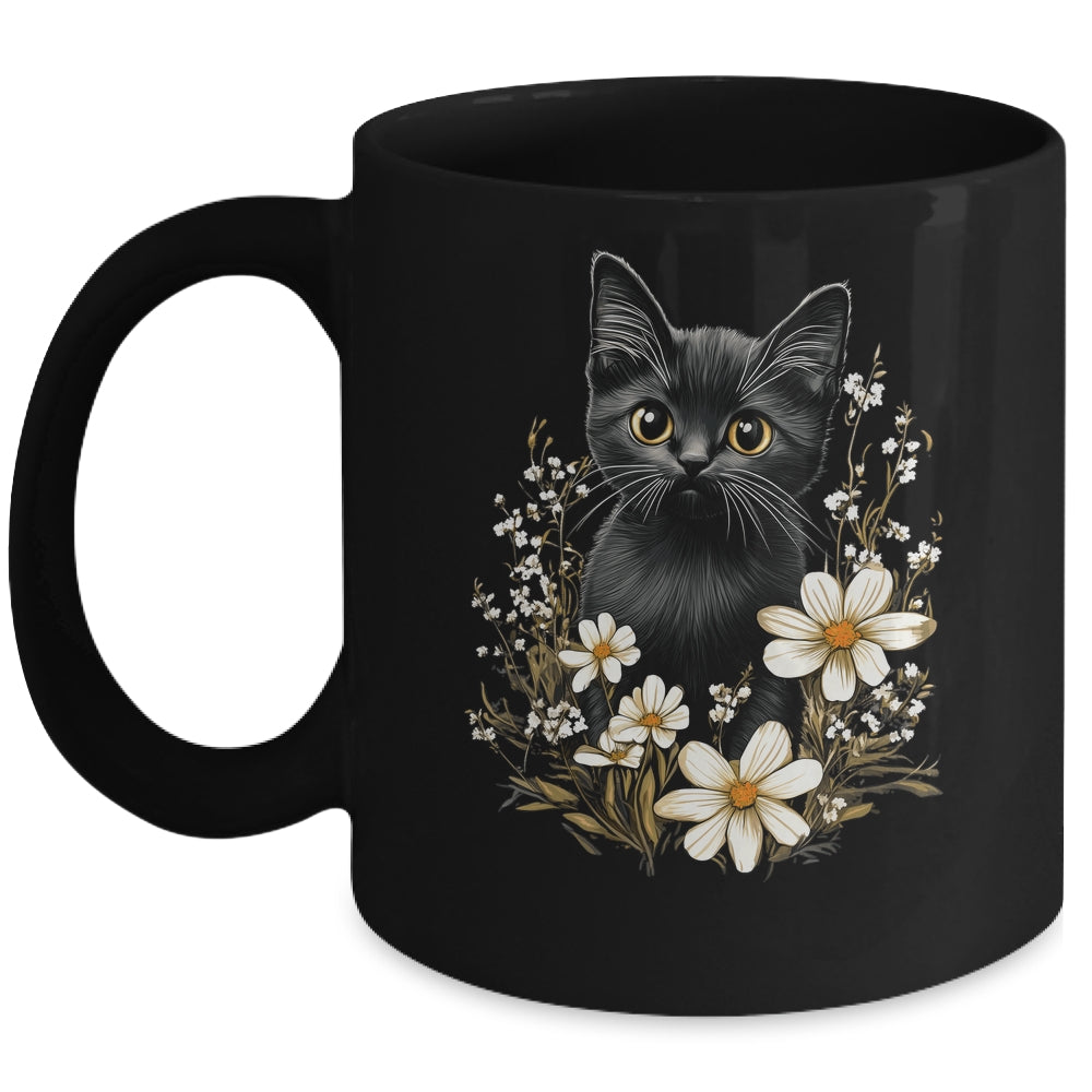 Cottagecore Black Cat Lover Flowers Women Girls Kids Mug | teecentury