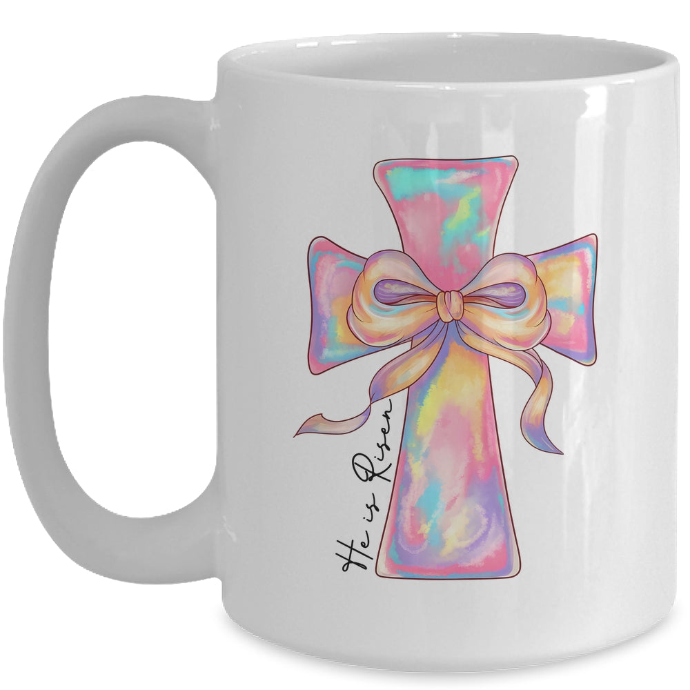 Cross Easter Pink He Is Risen Cross Coquette Bow Easter Mug | teecentury