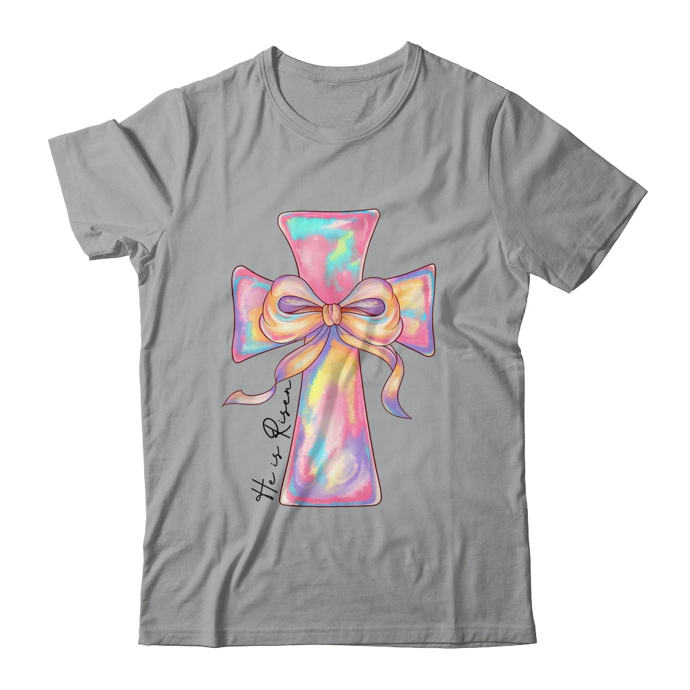 Cross Easter Pink He Is Risen Cross Coquette Bow Easter Shirt & Sweatshirt | teecentury