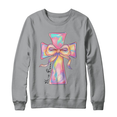 Cross Easter Pink He Is Risen Cross Coquette Bow Easter Shirt & Sweatshirt | teecentury