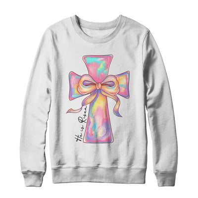 Cross Easter Pink He Is Risen Cross Coquette Bow Easter Shirt & Sweatshirt | teecentury