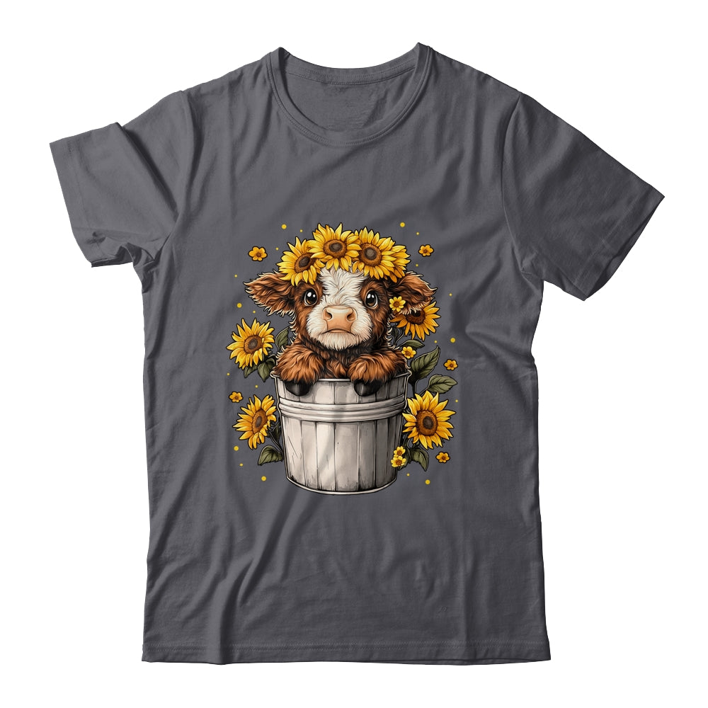 Cute Baby Highland Cow With Sunflowers In Bucket Women Girls Shirt & Tank Top | teecentury