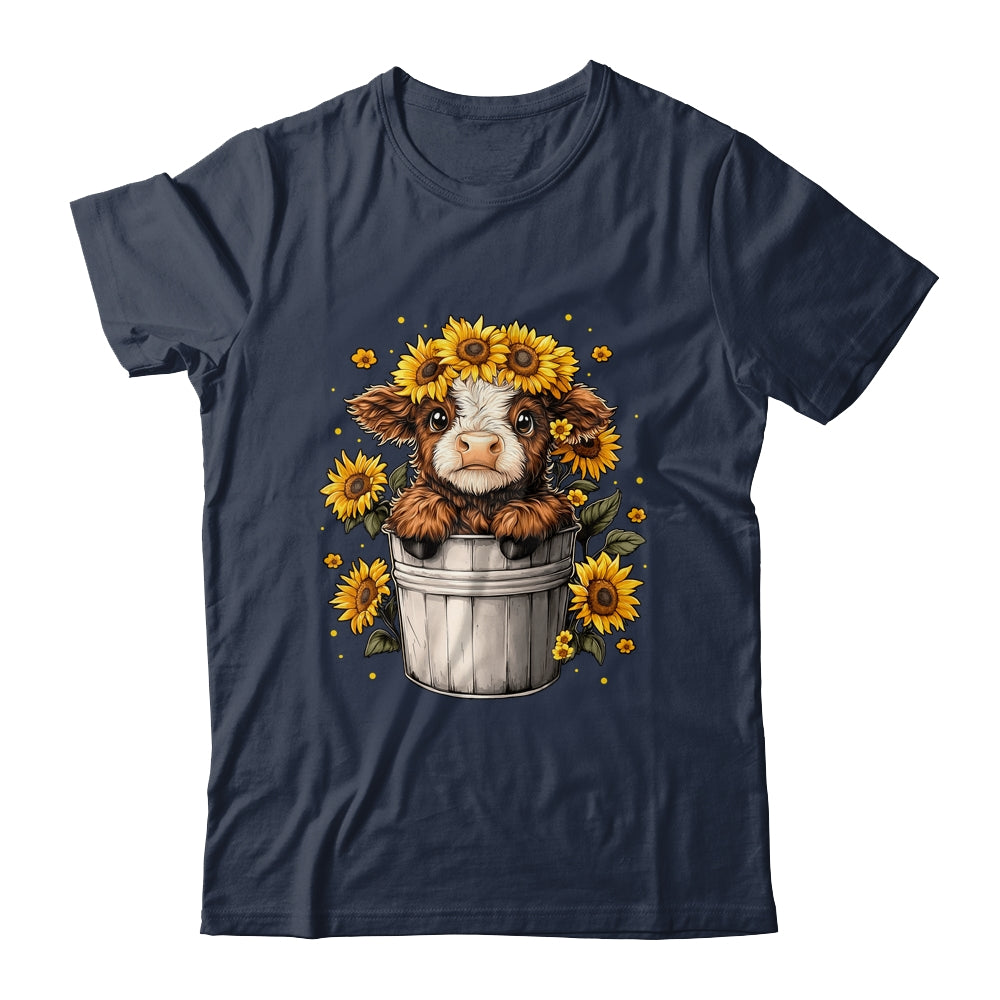 Cute Baby Highland Cow With Sunflowers In Bucket Women Girls Shirt & Tank Top | teecentury