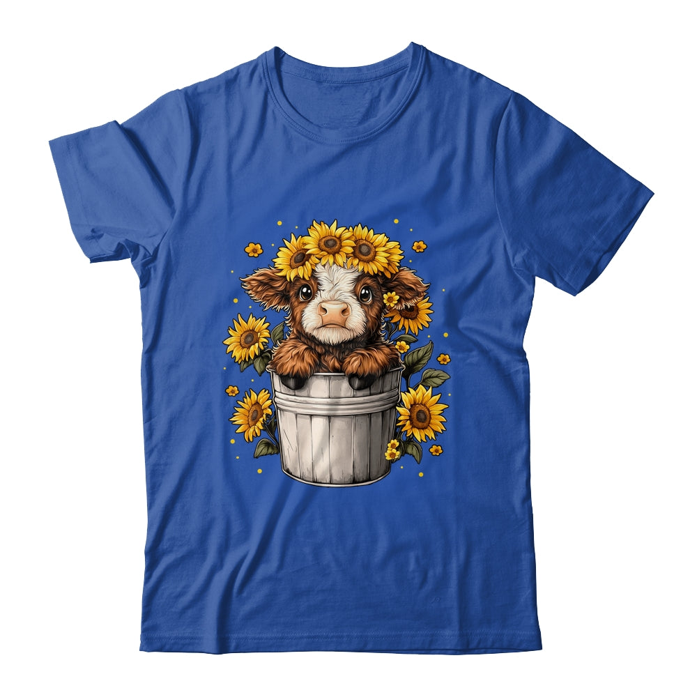 Cute Baby Highland Cow With Sunflowers In Bucket Women Girls Shirt & Tank Top | teecentury