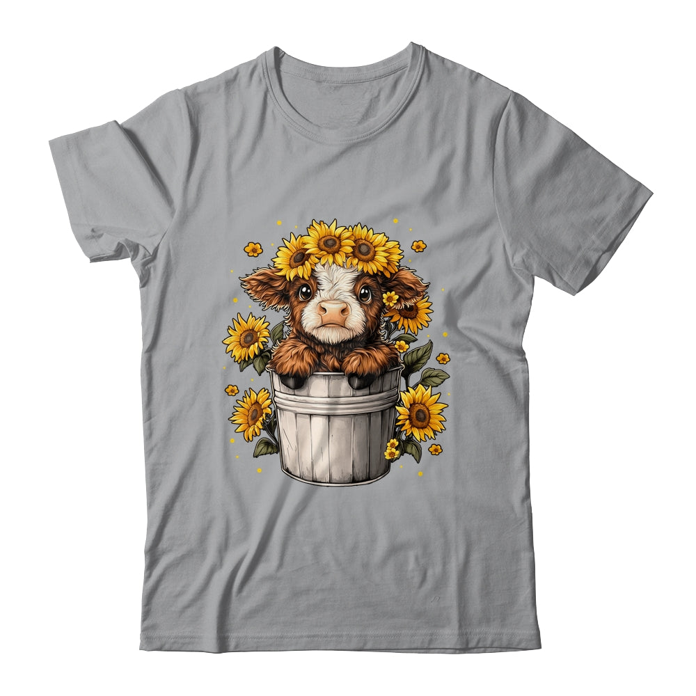 Cute Baby Highland Cow With Sunflowers In Bucket Women Girls Shirt & Tank Top | teecentury