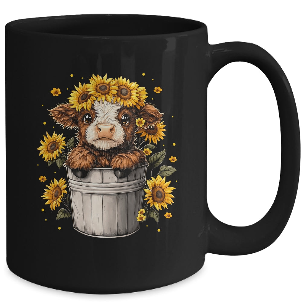 Cute Baby Highland Cow With Sunflowers In Bucket Women Girls Mug | teecentury