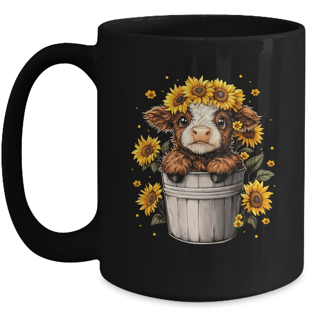 Cute Baby Highland Cow With Sunflowers In Bucket Women Girls Mug | teecentury