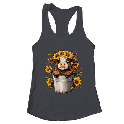 Cute Baby Highland Cow With Sunflowers In Bucket Women Girls Shirt & Tank Top | teecentury