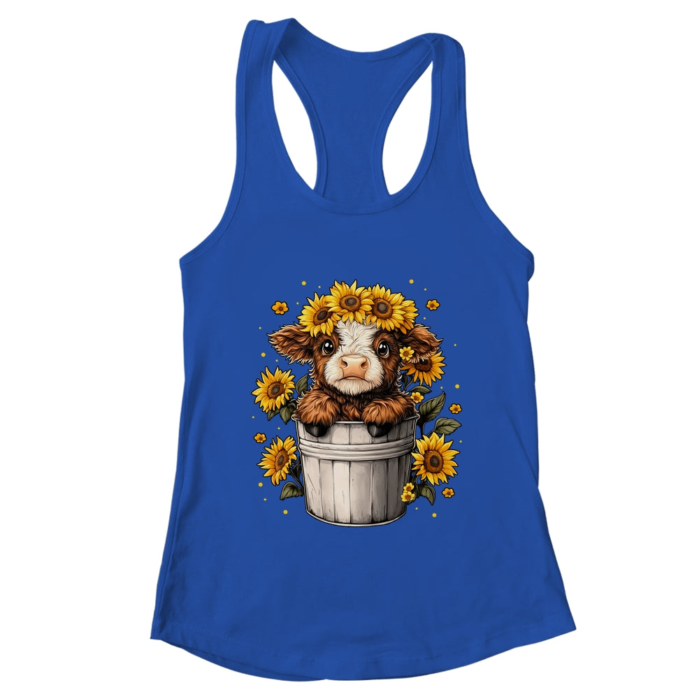 Cute Baby Highland Cow With Sunflowers In Bucket Women Girls Shirt & Tank Top | teecentury