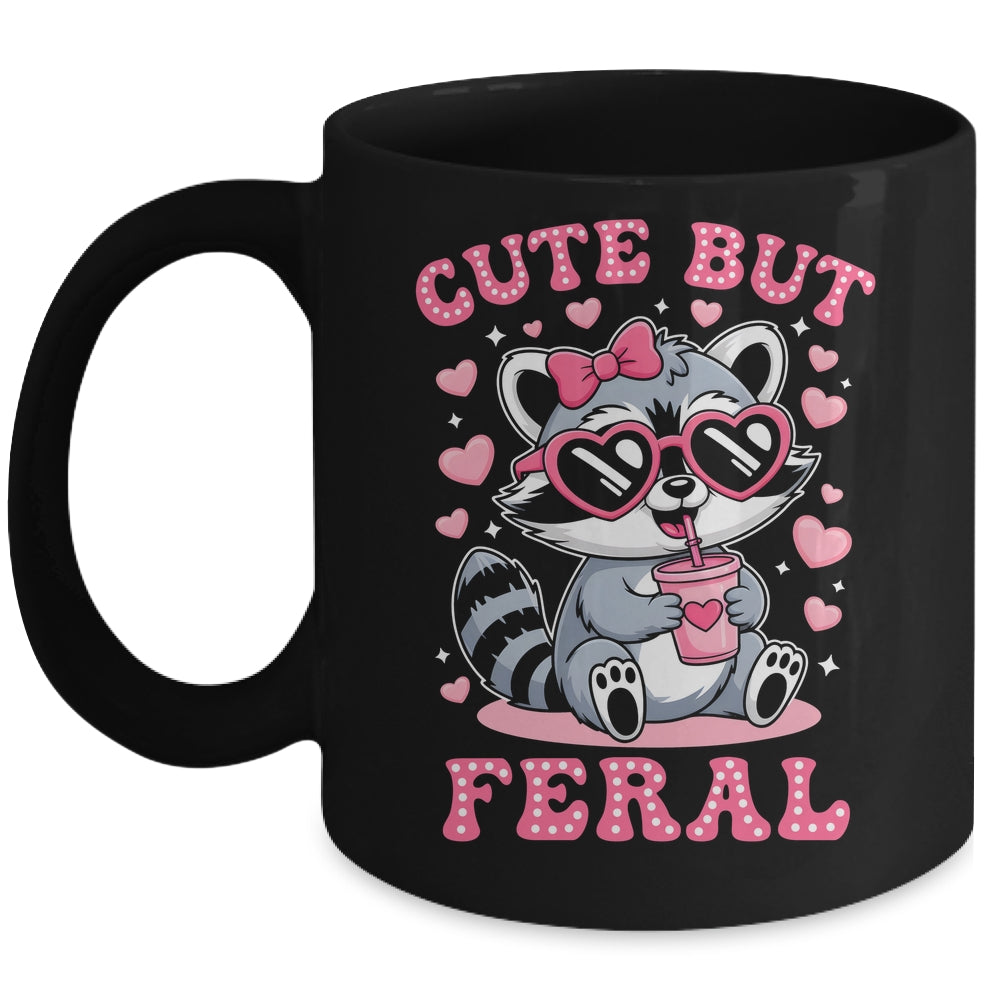 Cute But Feral Funny Pink Racoon With Glasses Kids Girls Mug | teecentury