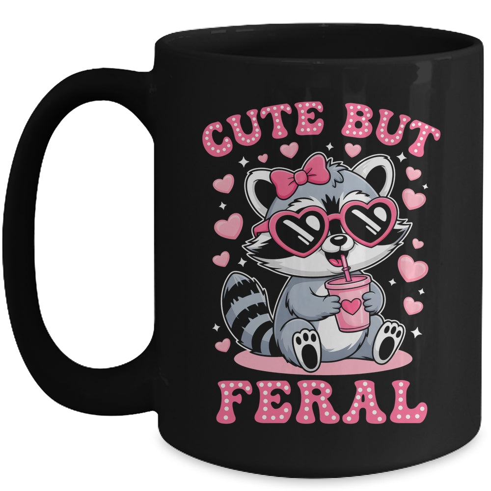 Cute But Feral Funny Pink Racoon With Glasses Kids Girls Mug | teecentury