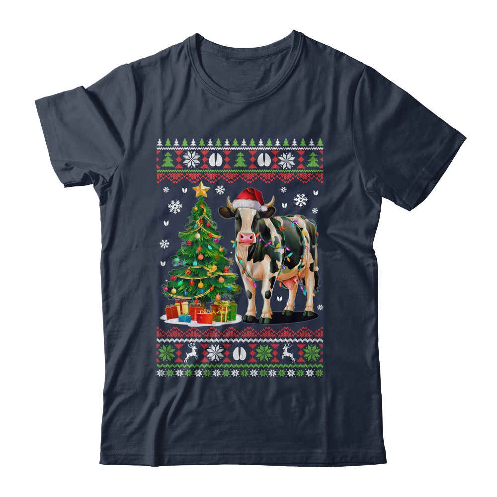 Cute Cow Ugly Christmas Tree Santa Hat Xmas Lights Farmer Shirt & Sweatshirt | teecentury