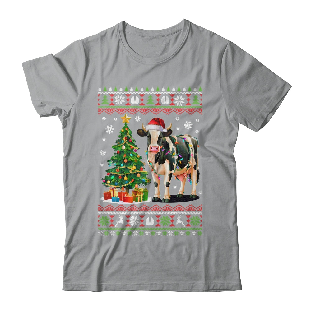 Cute Cow Ugly Christmas Tree Santa Hat Xmas Lights Farmer Shirt & Sweatshirt | teecentury
