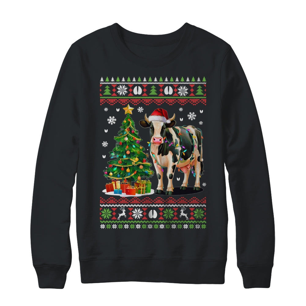 Cute Cow Ugly Christmas Tree Santa Hat Xmas Lights Farmer Shirt & Sweatshirt | teecentury