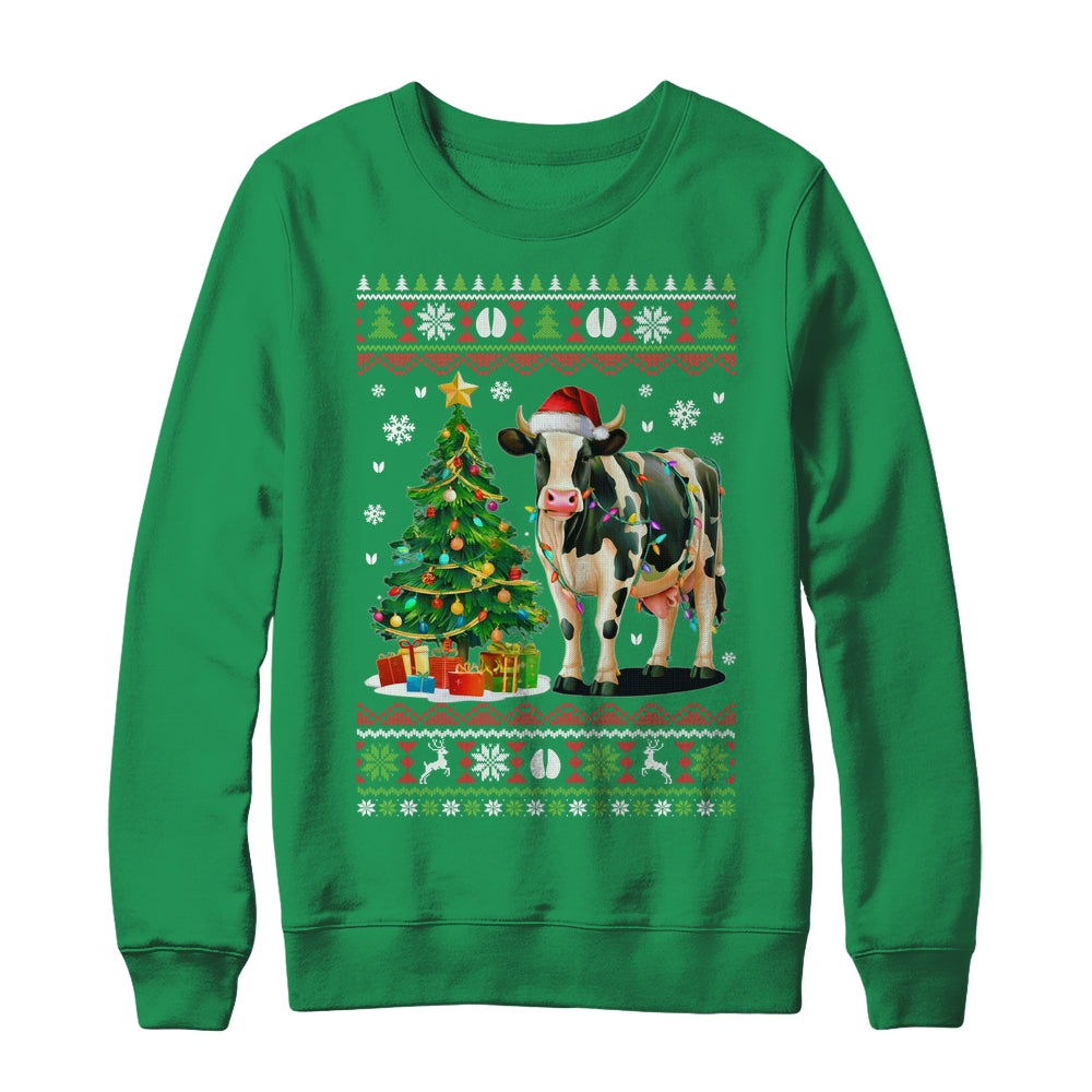 Cute Cow Ugly Christmas Tree Santa Hat Xmas Lights Farmer Shirt & Sweatshirt | teecentury