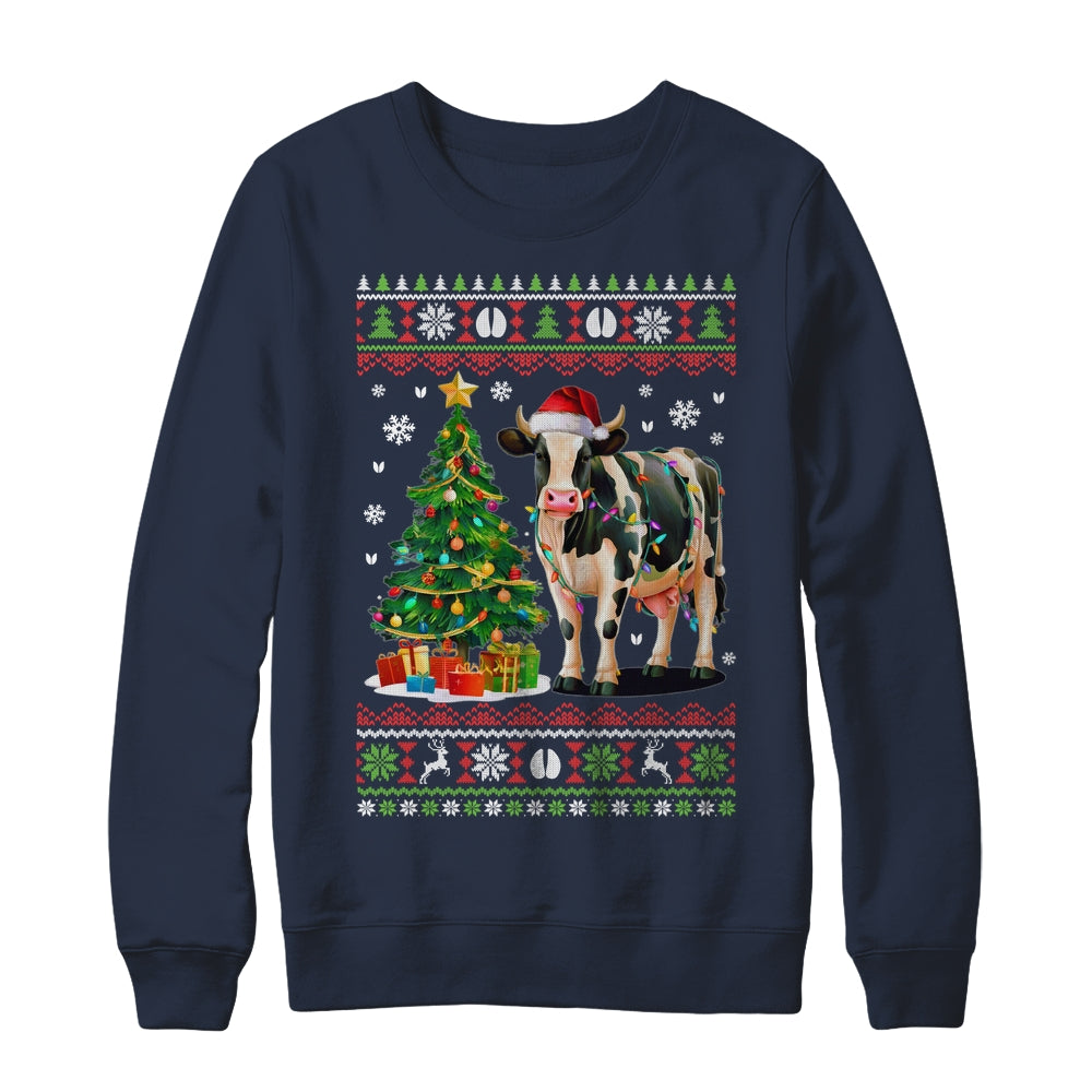 Cute Cow Ugly Christmas Tree Santa Hat Xmas Lights Farmer Shirt & Sweatshirt | teecentury