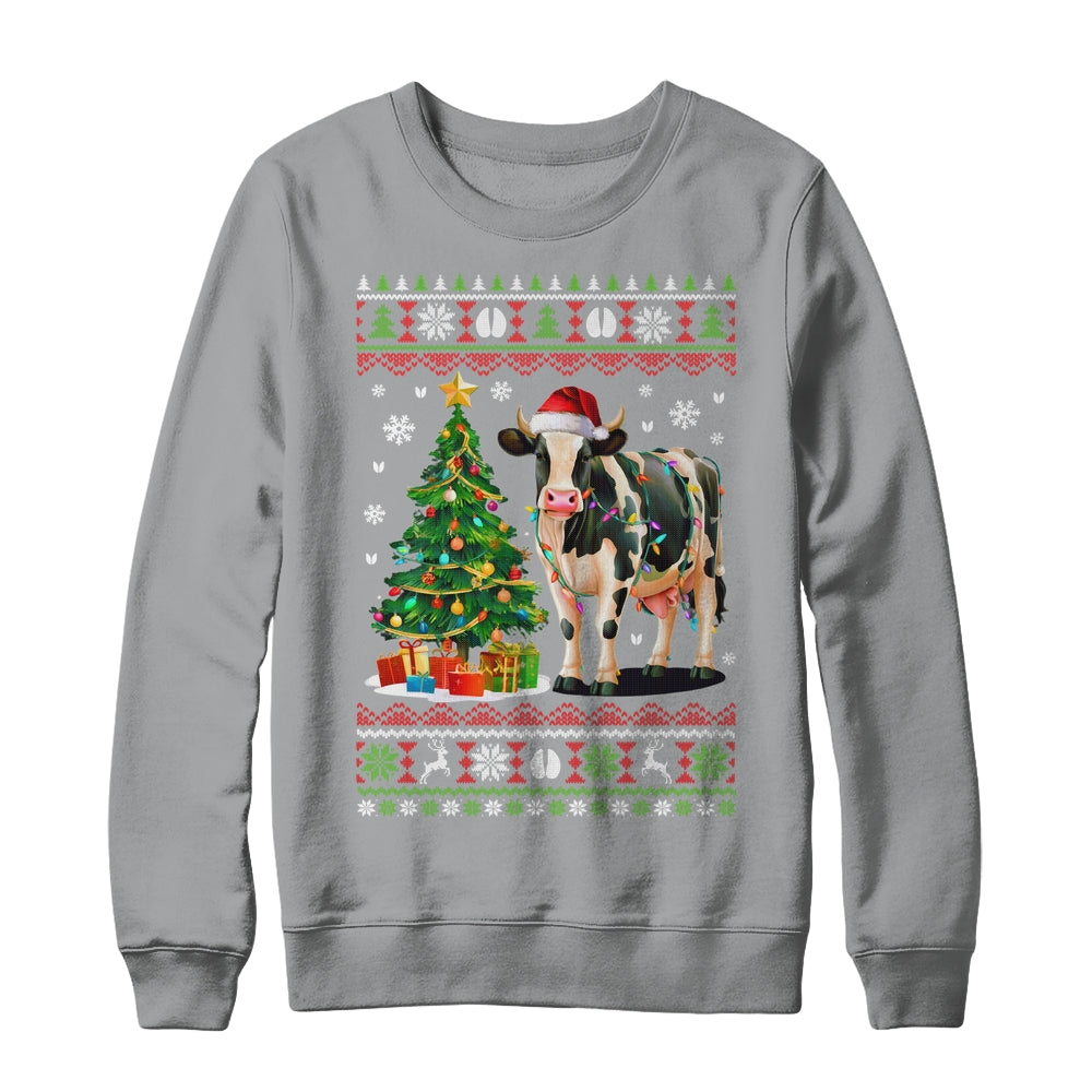 Cute Cow Ugly Christmas Tree Santa Hat Xmas Lights Farmer Shirt & Sweatshirt | teecentury