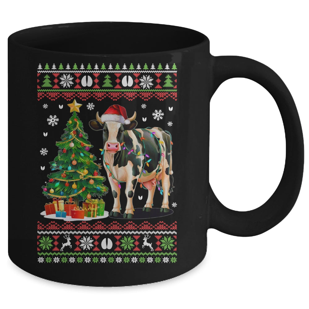 Cute Cow Ugly Christmas Tree Santa Hat Xmas Lights Farmer Mug | teecentury