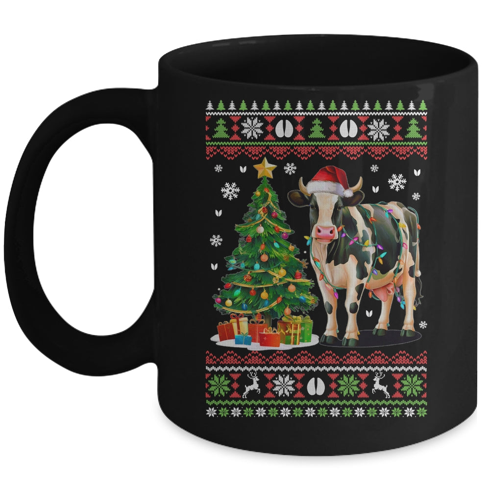 Cute Cow Ugly Christmas Tree Santa Hat Xmas Lights Farmer Mug | teecentury
