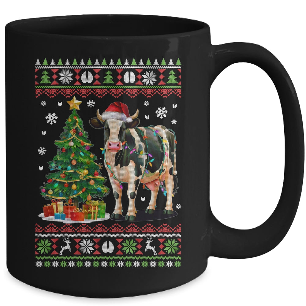 Cute Cow Ugly Christmas Tree Santa Hat Xmas Lights Farmer Mug | teecentury