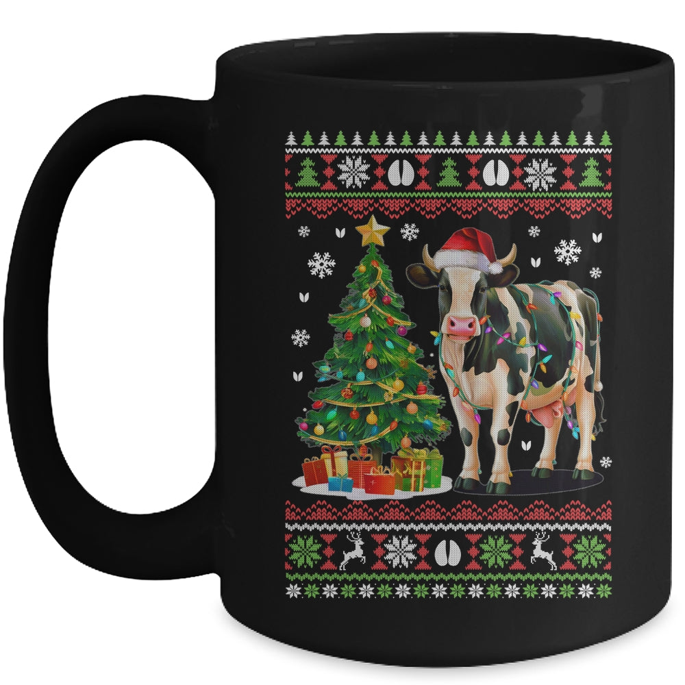 Cute Cow Ugly Christmas Tree Santa Hat Xmas Lights Farmer Mug | teecentury