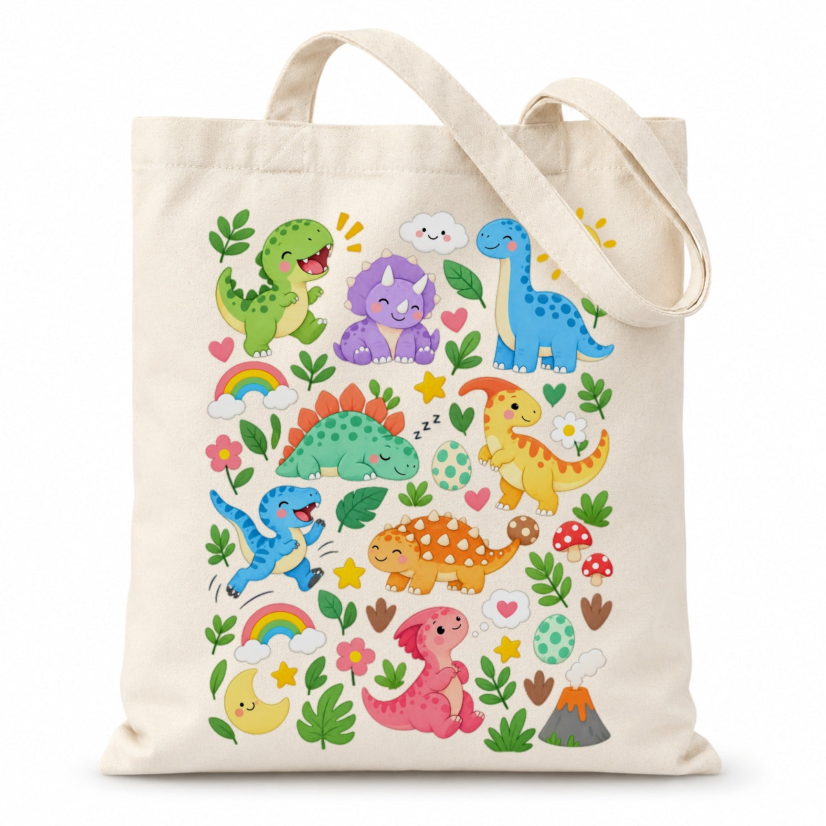 Cute Dinosaur Canvas Tote Bag Aesthetic Kawaii Dino Floral Rainbow Reusable Shopping Bags For Women Book Beach Grocery Everyday Gift Shoulder Canvas Tote Bag | teecentury