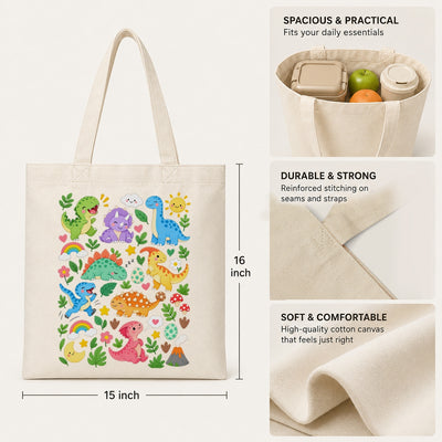 Cute Dinosaur Canvas Tote Bag Aesthetic Kawaii Dino Floral Rainbow Reusable Shopping Bags For Women Book Beach Grocery Everyday Gift Shoulder Canvas Tote Bag | teecentury