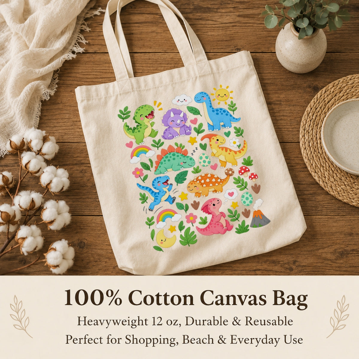 Cute Dinosaur Canvas Tote Bag Aesthetic Kawaii Dino Floral Rainbow Reusable Shopping Bags For Women Book Beach Grocery Everyday Gift Shoulder Canvas Tote Bag | teecentury