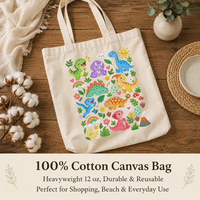 Cute Dinosaur Canvas Tote Bag Aesthetic Kawaii Dino Floral Rainbow Reusable Shopping Bags For Women Book Beach Grocery Everyday Gift Shoulder Canvas Tote Bag | teecentury