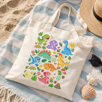 Cute Dinosaur Canvas Tote Bag Aesthetic Kawaii Dino Floral Rainbow Reusable Shopping Bags For Women Book Beach Grocery Everyday Gift Shoulder Canvas Tote Bag | teecentury